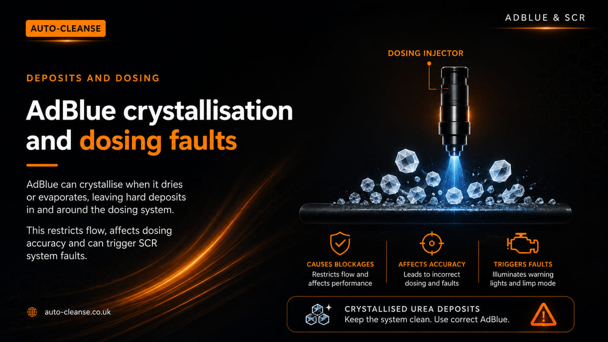 Auto-Cleanse dosing injector spraying onto an exhaust pipe ringed by white urea crystals, above icon cards reading causes blockages, affects accuracy and triggers faults