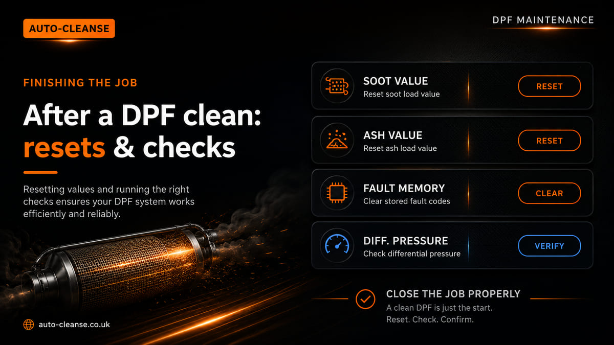 Auto-Cleanse four stacked panels labelled soot value, ash value, fault memory and differential pressure with reset, clear and verify buttons beside a cutaway DPF filter
