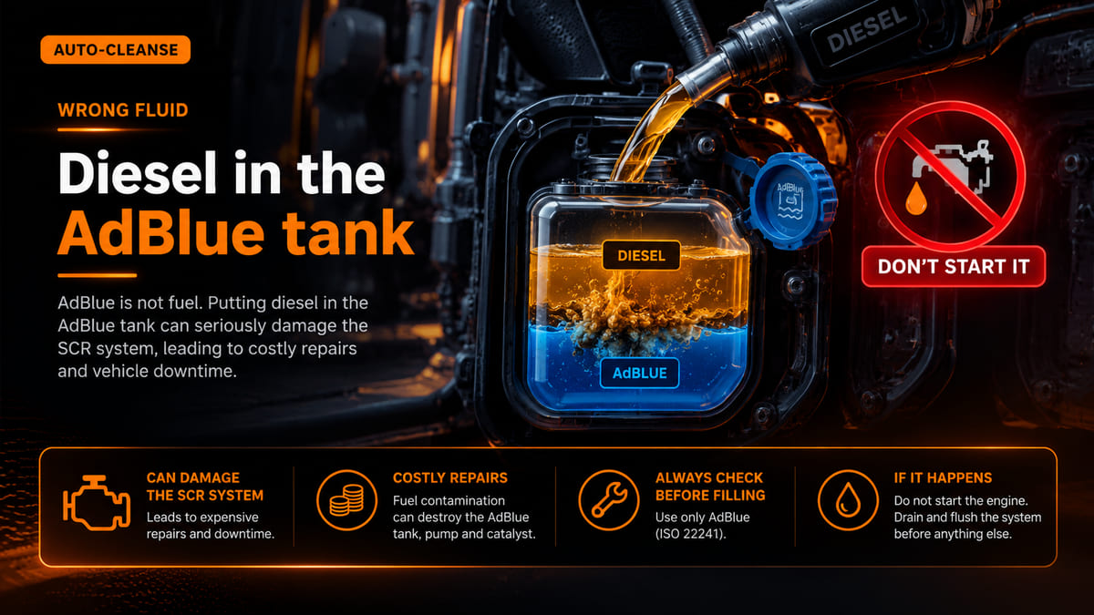 Diesel being poured into an AdBlue tank, with the diesel floating on top of the blue AdBlue, beside a red warning sign labelled don't start it
