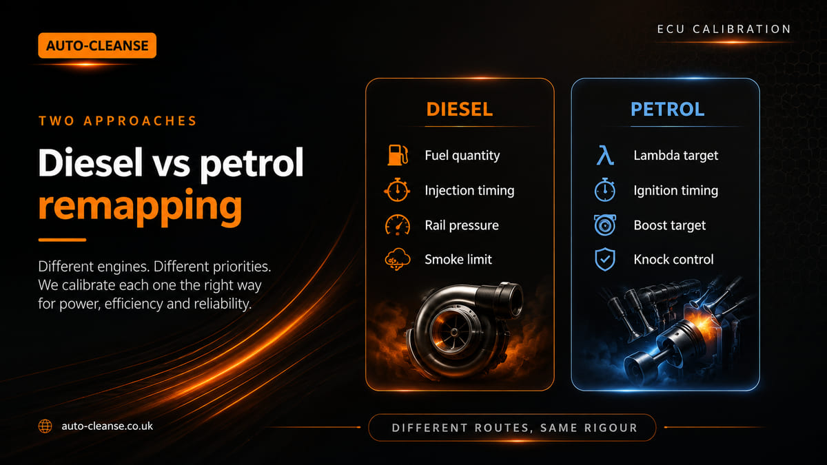 Auto-Cleanse orange diesel card listing fuel quantity, injection timing, rail pressure and smoke limit over a turbocharger, beside a blue petrol card listing lambda, ignition, boost and knock control