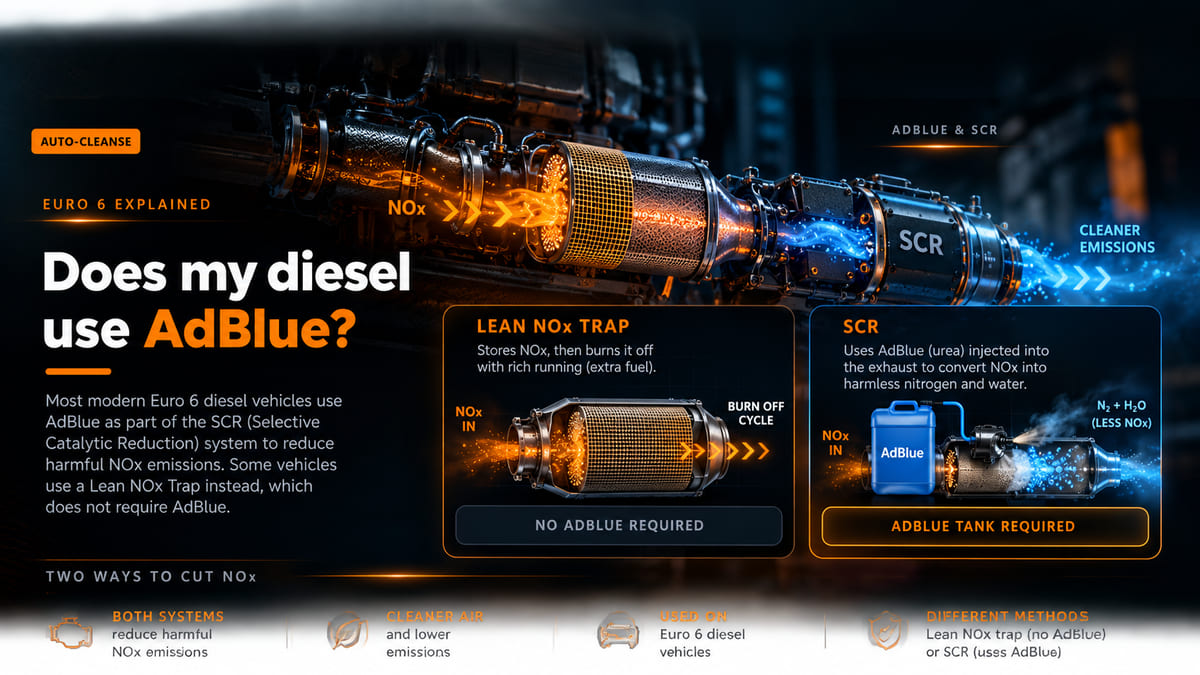 Two panels comparing a lean NOx trap, which stores NOx and burns it off with rich running and needs no AdBlue, with an SCR system fed from a blue AdBlue tank