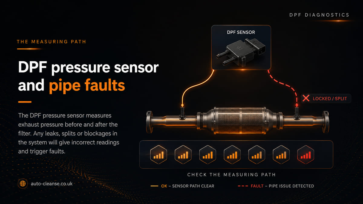 Auto-Cleanse cutaway DPF unit with two take-off pipes, an inset pressure sensor, a fault-marked dashed pipe run and a row of signal-strength icons