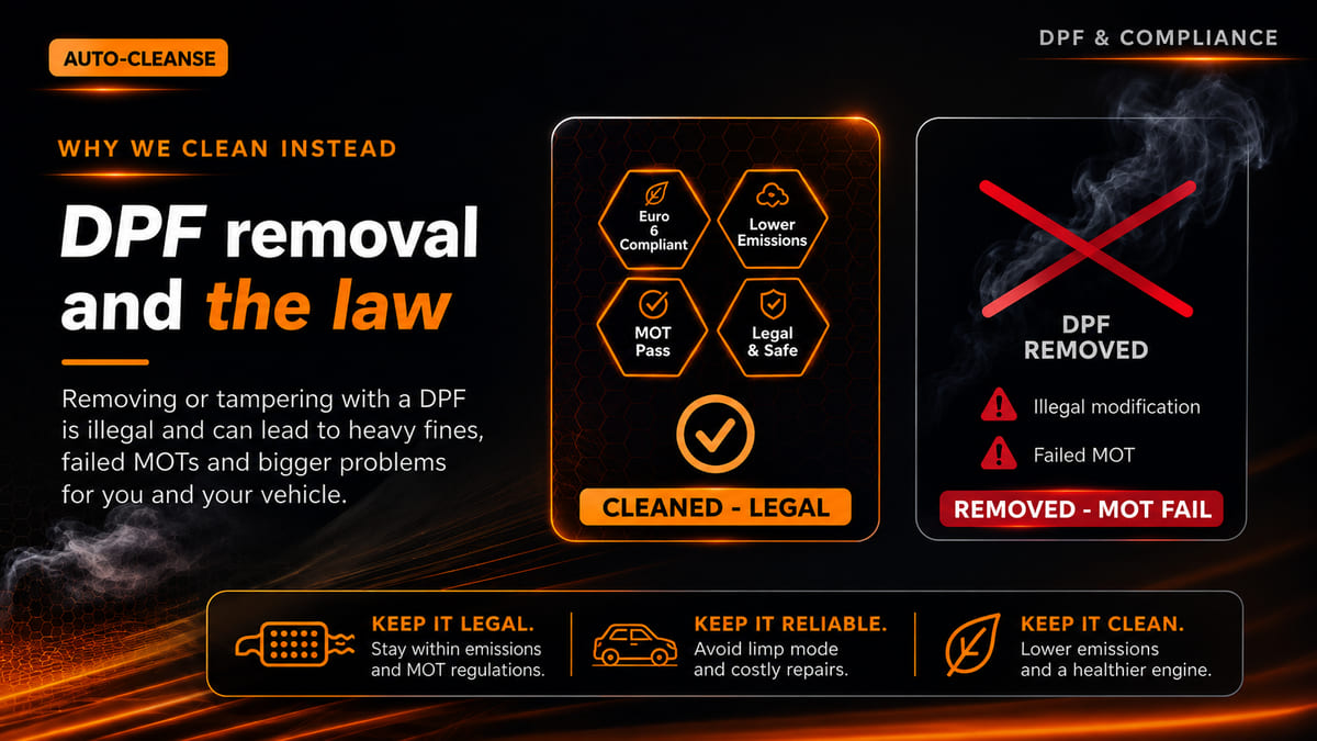 Auto-Cleanse two comparison panels: compliance badges for emissions standard, lower emissions and MOT pass labelled cleaned and legal, versus a red cross labelled removed and MOT fail