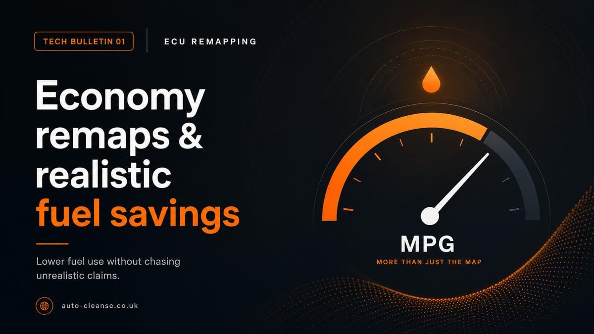 Auto-Cleanse MPG gauge with an orange arc, white needle and fuel droplet icon, captioned more than just the map