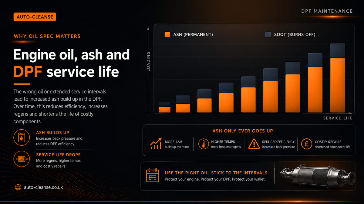 Auto-Cleanse stacked bar chart with orange ash and grey soot segments rising across a service-life axis, four icon cards and a DPF canister