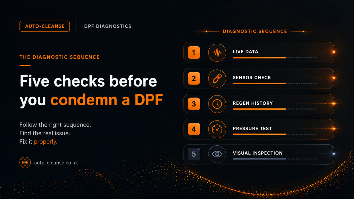 Auto-Cleanse diagnostic sequence panel listing five numbered steps with icons and progress bars: live data, sensor check, regen history, pressure test and visual inspection
