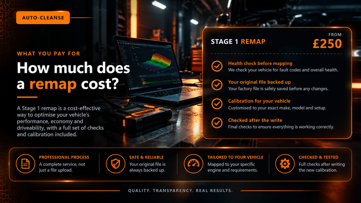 Auto-Cleanse price card for a Stage 1 remap from £250, with ticks for a health check before mapping, the original file backed up, a calibration for your vehicle and checks after the write