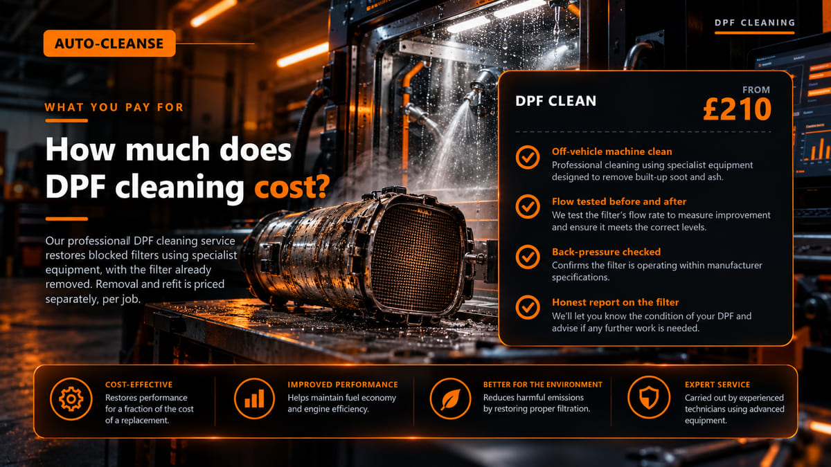Auto-Cleanse price card for a DPF clean from £210, with ticks for an off-vehicle machine clean, flow testing before and after, a back-pressure check and an honest report on the filter