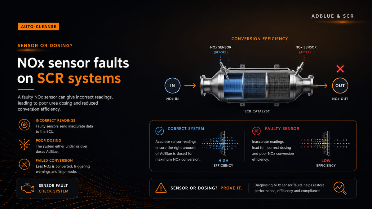 Auto-Cleanse cutaway SCR catalyst with before and after NOx sensor probes, beside paired panels comparing a high-efficiency correct system against a low-efficiency faulty sensor