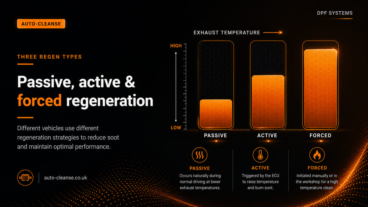 Auto-Cleanse bar chart comparing exhaust temperature for passive, active and forced DPF regeneration, rising left to right, with icon captions explaining each type