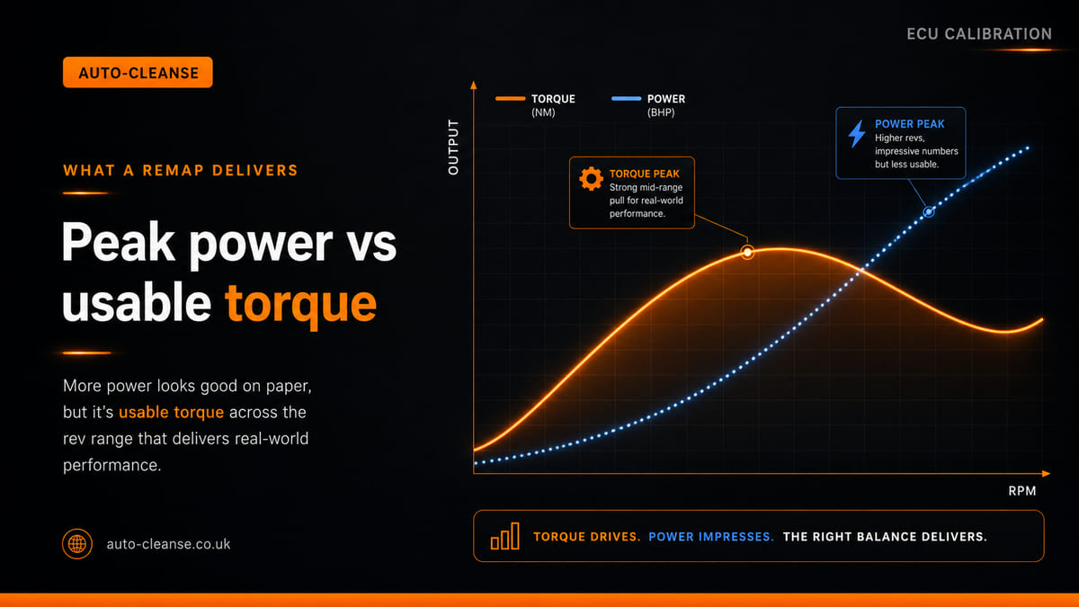 Auto-Cleanse chart plotting an orange torque curve and dotted blue power line on output against RPM axes, with labelled torque peak and power peak callouts