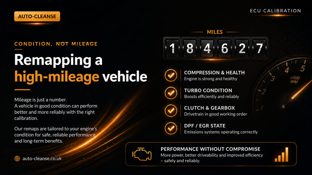 Auto-Cleanse odometer above four ticked pre-remap checks covering compression and health, turbo condition, clutch and gearbox and DPF or EGR state, beside a tachometer dial