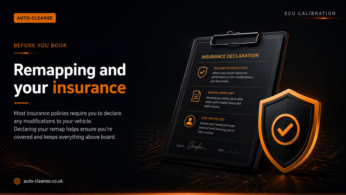 Auto-Cleanse clipboard holding an insurance declaration form with rows for declaring modifications, remaining compliant and staying protected, beside an orange tick shield