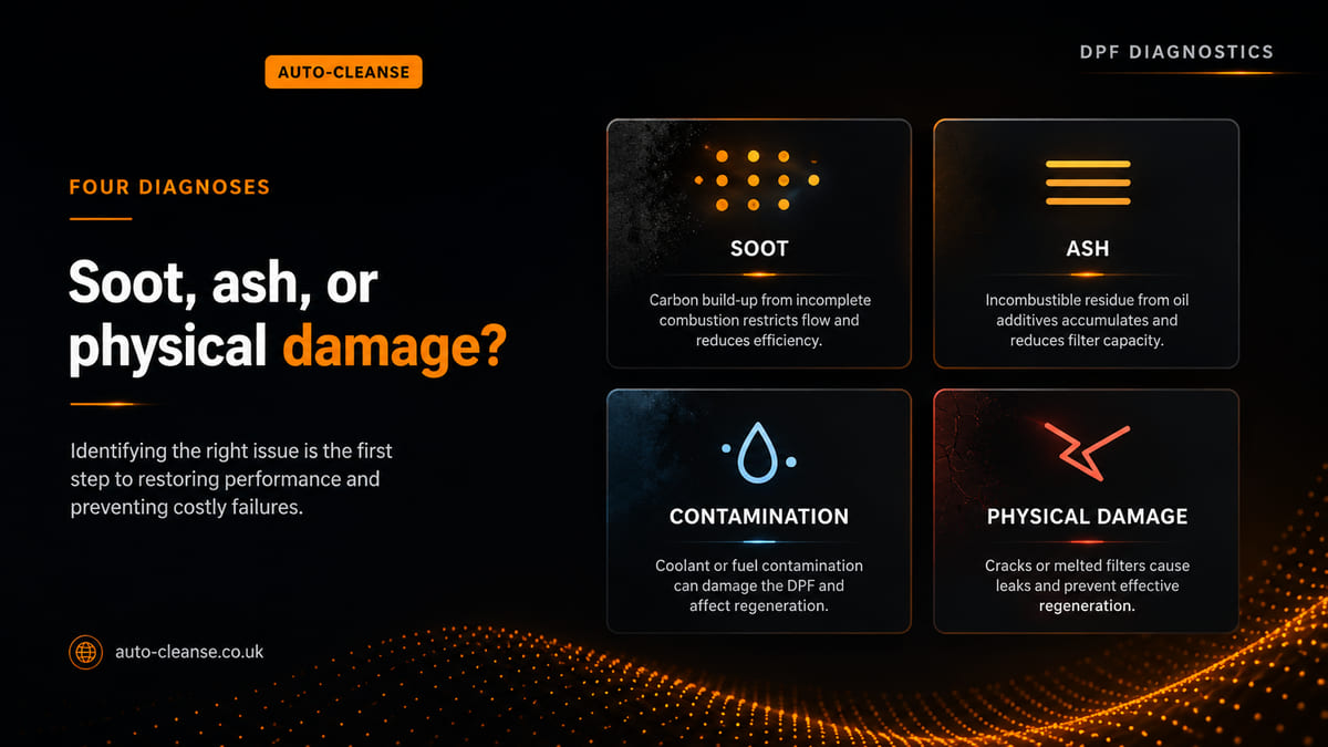 Auto-Cleanse four labelled DPF diagnosis cards: an orange dot grid for soot, stacked bars for ash, a blue droplet for contamination and a red crack for physical damage