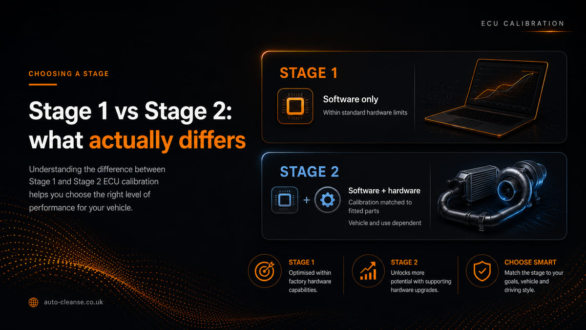 Auto-Cleanse two dark panels labelled software only, with a power curve, and software plus hardware, showing a turbo and intercooler, above three icon cards