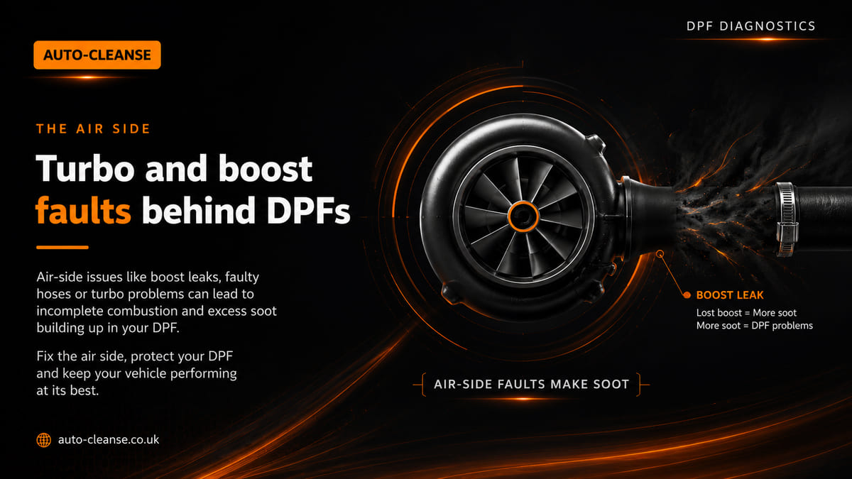 Auto-Cleanse turbocharger compressor wheel with sparks escaping a clamped hose joint and a boost leak callout reading lost boost equals more soot