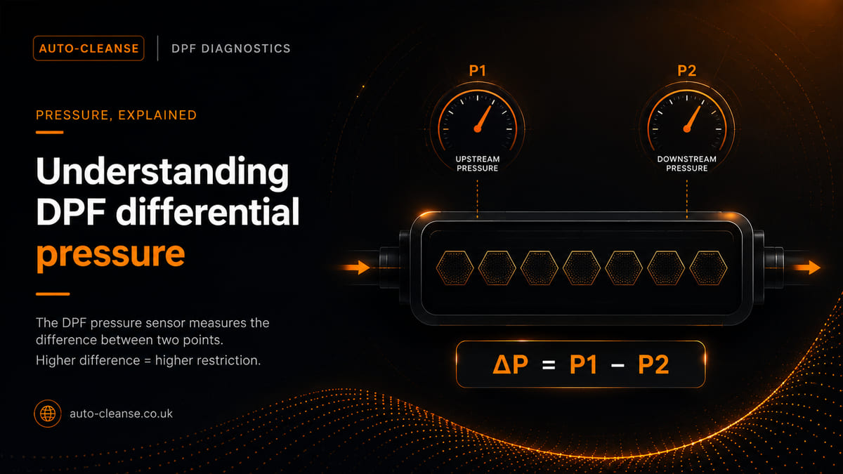 Auto-Cleanse diagram with P1 upstream and P2 downstream pressure gauges either side of a honeycomb filter housing, plus the formula delta P equals P1 minus P2