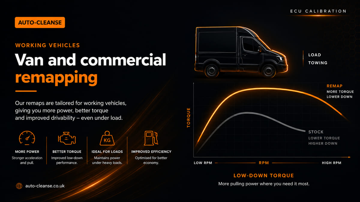 Auto-Cleanse torque against RPM chart with an orange remap curve above a grey stock line, beside a panel van labelled load and towing, plus four icon cards
