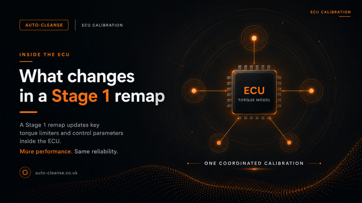 Auto-Cleanse ECU calibration graphic with a central chip labelled ECU torque model, five glowing nodes linked by lines, captioned one coordinated calibration