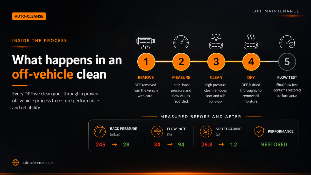 Auto-Cleanse five-step numbered timeline labelled remove, measure, clean, dry and flow test, above a before-and-after panel of back pressure, flow rate and soot loading