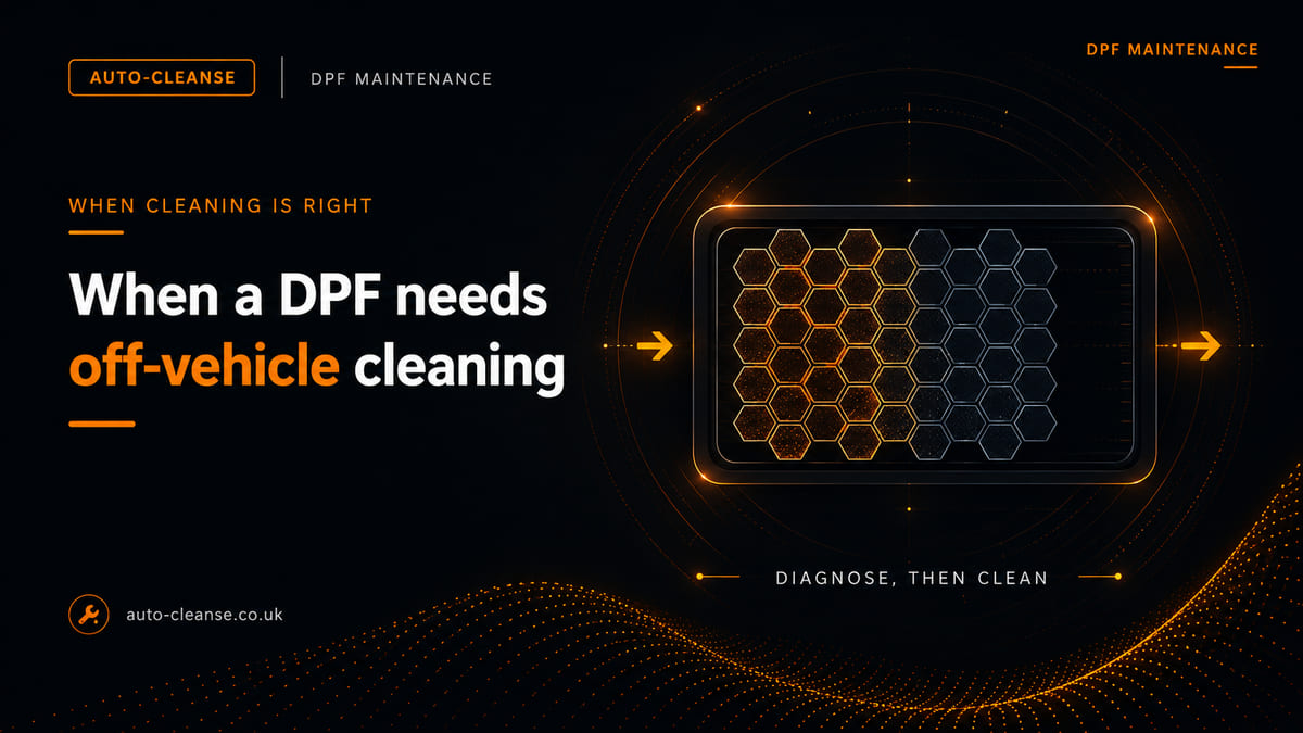 Auto-Cleanse DPF filter face with hexagonal cells glowing orange on the left and dark on the right, exhaust flow arrows either side, captioned diagnose, then clean