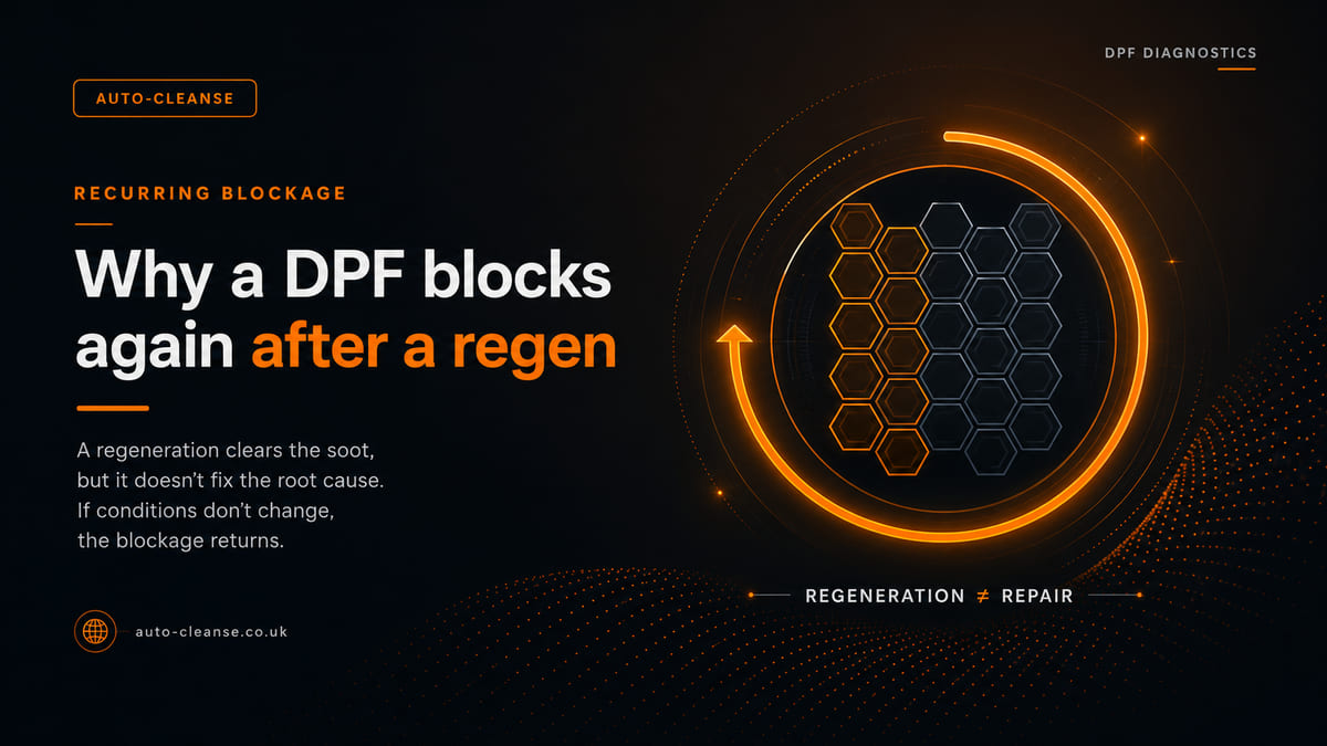 Auto-Cleanse looping orange arrow encircling a hexagonal DPF filter core with its left cells glowing amber, above the strapline regeneration does not equal repair