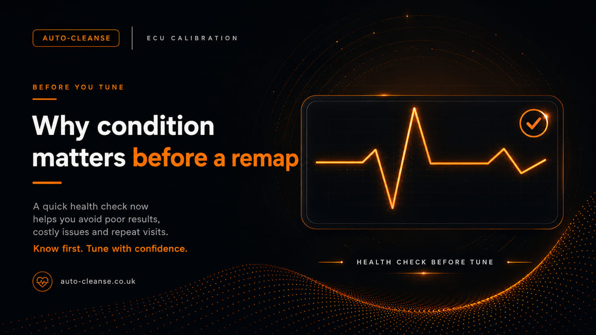 Auto-Cleanse orange diagnostic pulse trace with a tick in a circle, captioned health check before tune, under an ECU calibration label